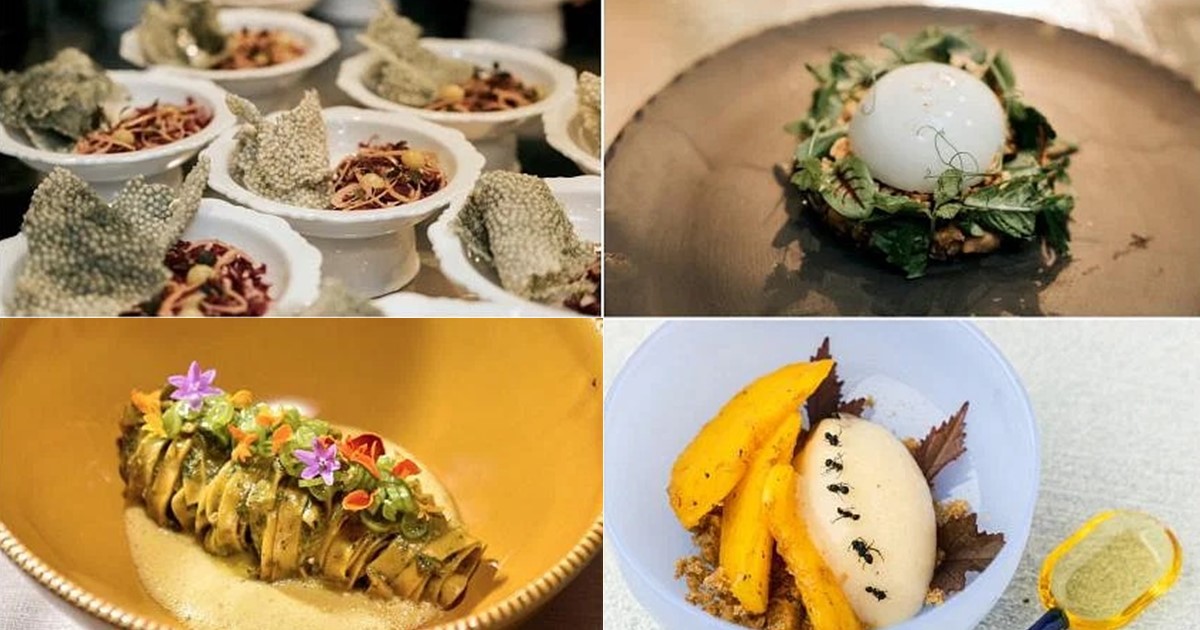 (Clockwise from top left) Synthesis' Sea-Viche and Eggless Chicken & Chickenless Egg, Fura’s unique ant ice cream and Solar Foods' Solein Pasta with Singapore Pesto. PHOTOS: SYNTHESIS, RICE EATER PRODUCTIONS, SOLAR FOODS